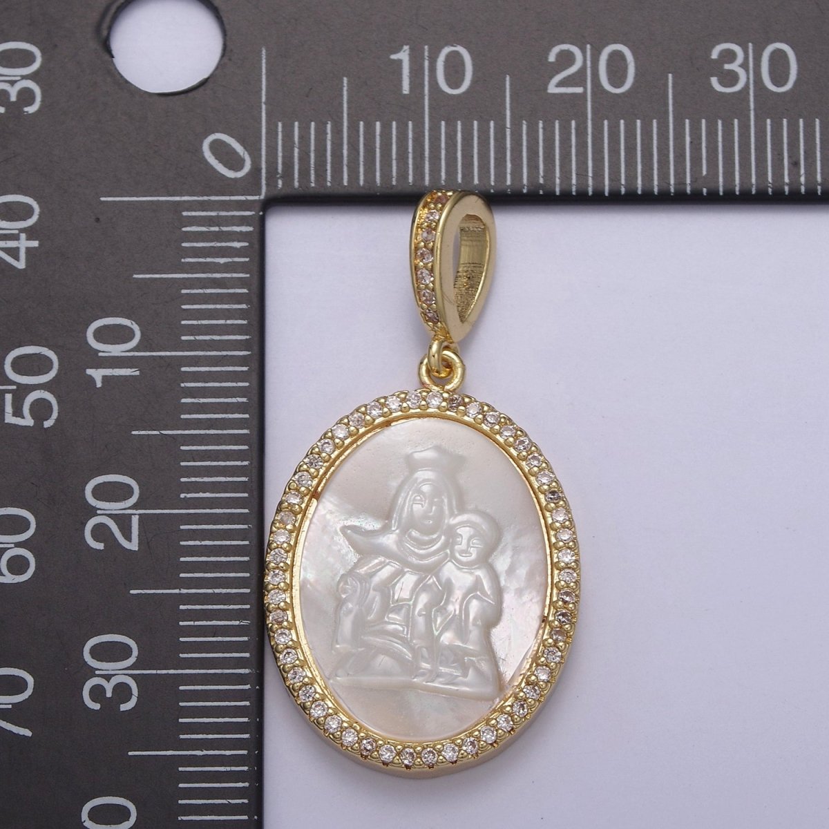 Pearl Virgin Mary Medallion Charm Gold Virgin Mary with baby Jesus pendant. Religious jewelry N-562 - DLUXCA