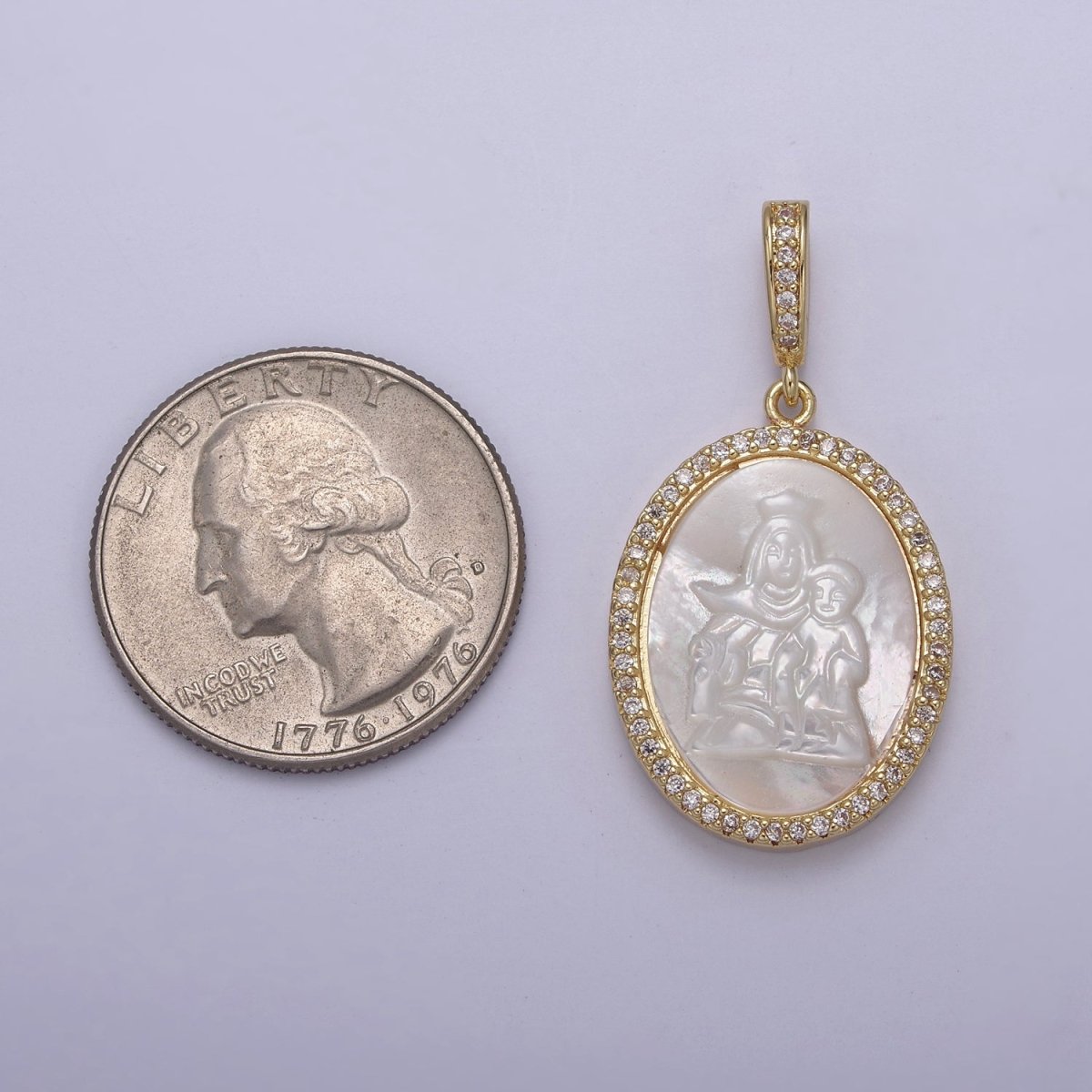 Pearl Virgin Mary Medallion Charm Gold Virgin Mary with baby Jesus pendant. Religious jewelry N-562 - DLUXCA