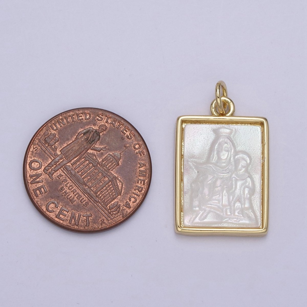 Pearl Virgin Mary with baby Jesus On Frame Charms, Dainty Gold Virgin Mary Pendant, Mother of Pearl Necklace Charms N-864 - DLUXCA