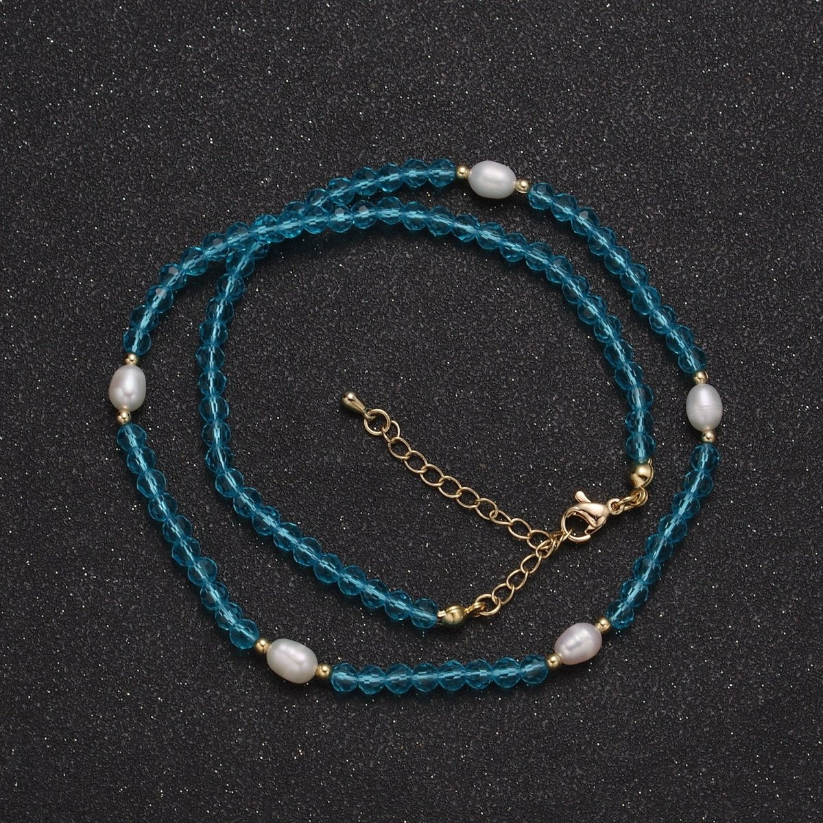 Pearl with Aqua Blue Glass Beaded Necklace, Light Blue Faceted Rondell Beads Necklace | WA-591 Clearance Pricing - DLUXCA