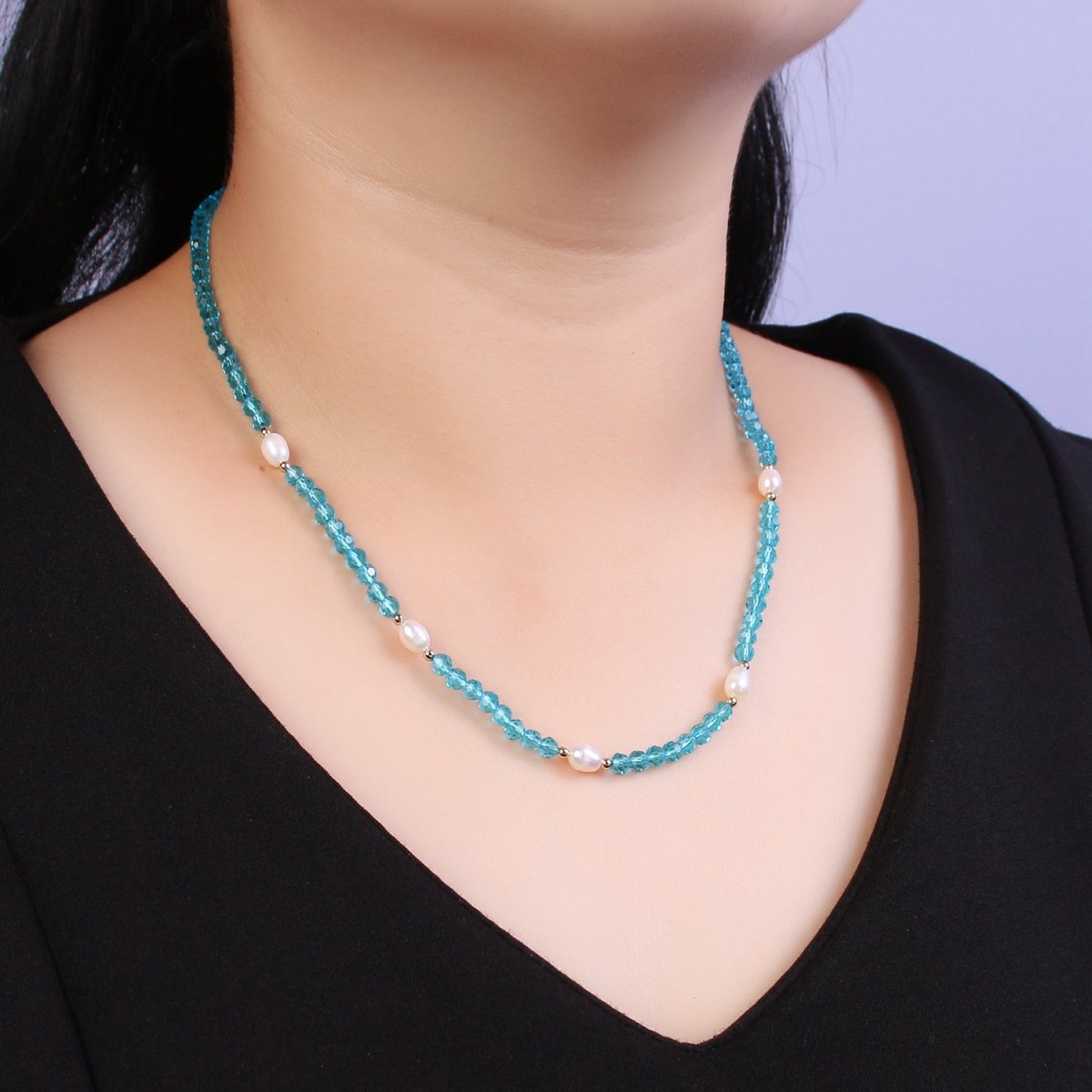 Pearl with Aqua Blue Glass Beaded Necklace, Light Blue Faceted Rondell Beads Necklace | WA-591 Clearance Pricing - DLUXCA
