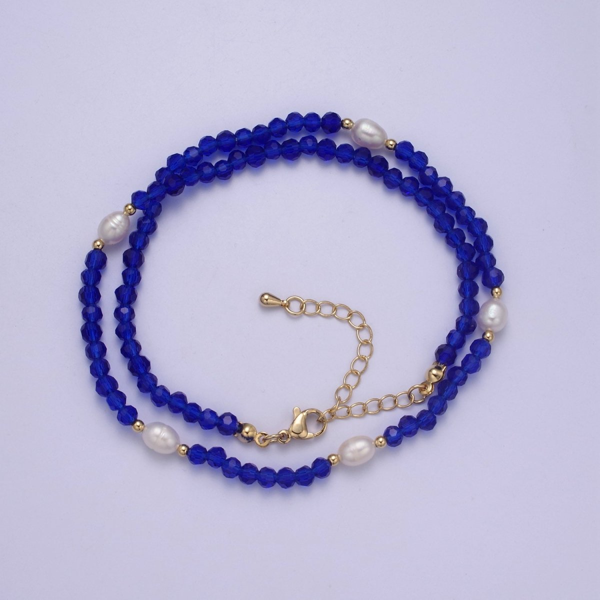 Pearl with Blue Glass Beaded Necklace, Dark Blue Faceted Rondell Beads Necklace | WA-592 Clearance Pricing - DLUXCA