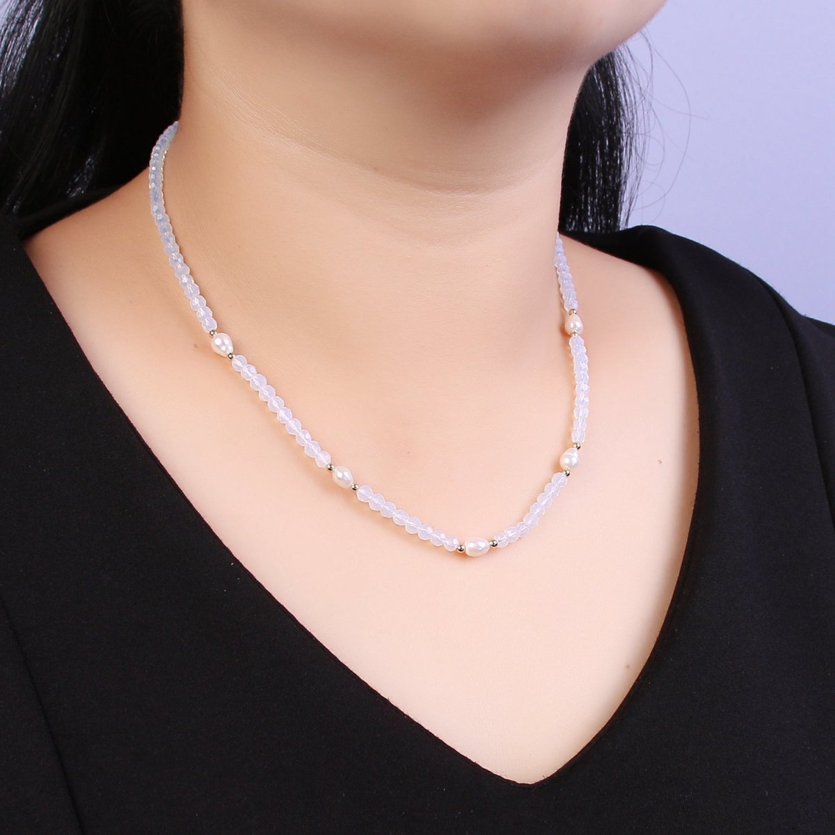 Pearl with Clear Glass Beaded Necklace, Clear Faceted Rondell Beads Necklace | WA-594 Clearance Pricing - DLUXCA