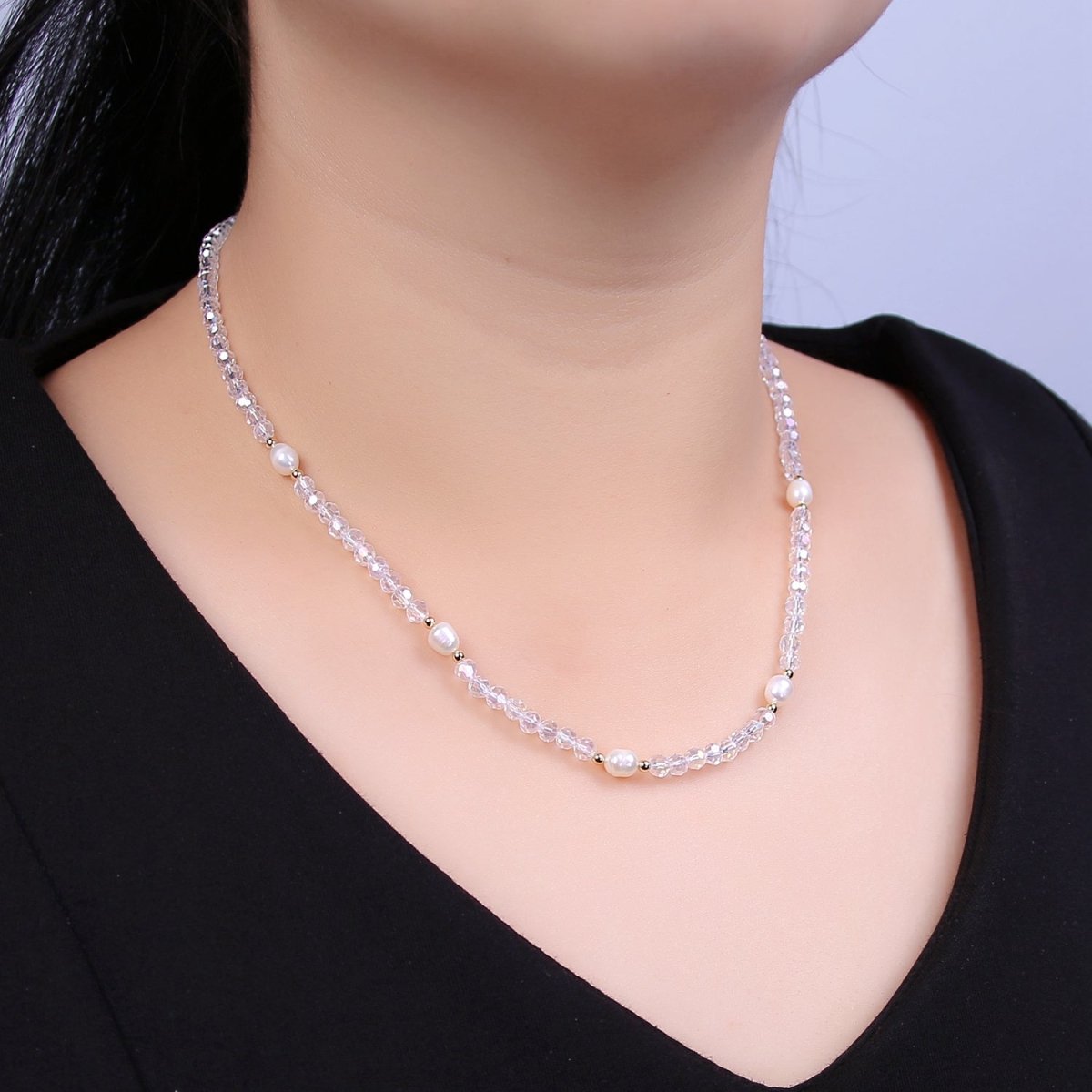 Pearl with Clear Glass Beaded Necklace, Clear Faceted Rondell Beads Necklace | WA-610 Clearance Pricing - DLUXCA