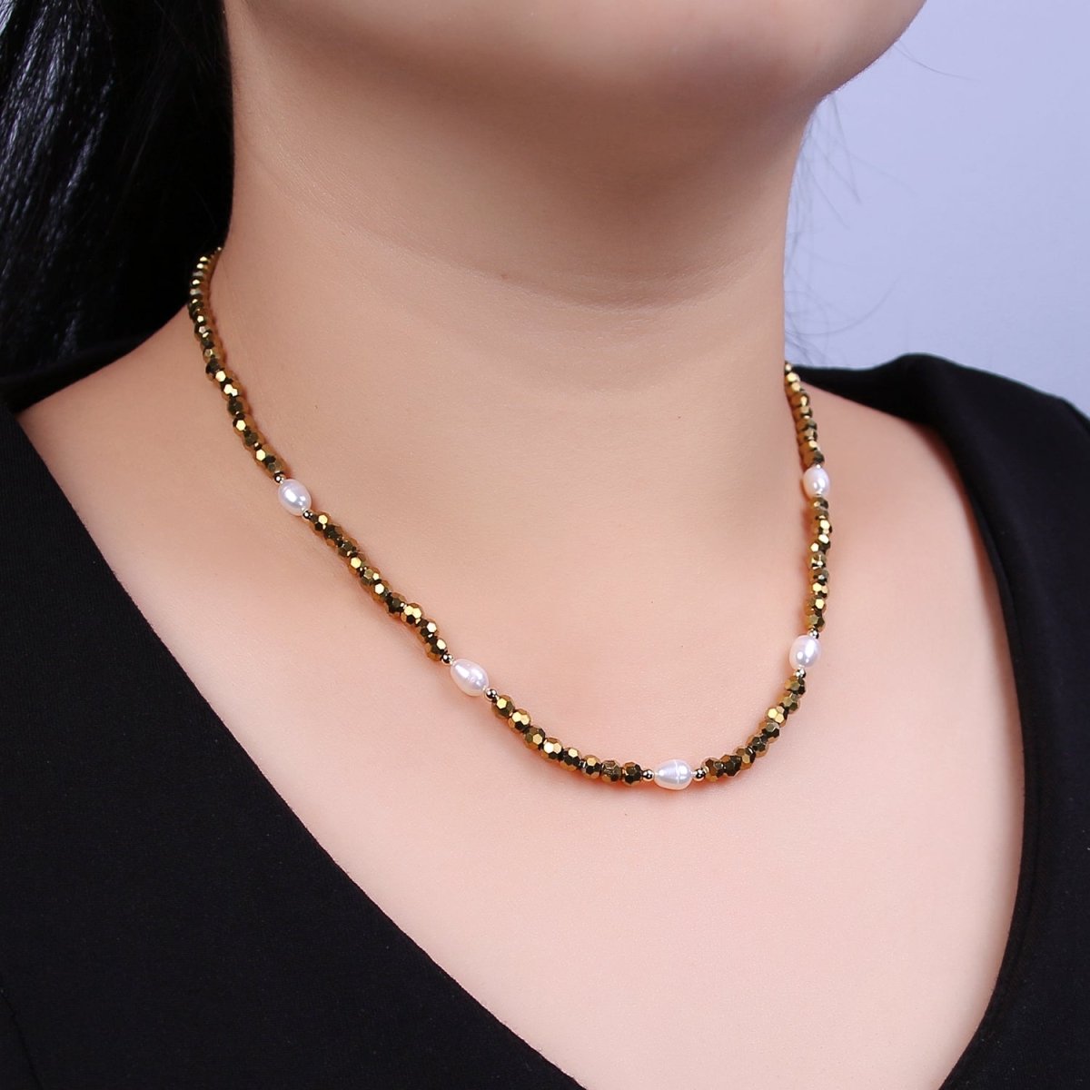 Pearl with Gold Glass Beaded Necklace, Gold Faceted Rondell Beads Necklace | WA-609 Clearance Pricing - DLUXCA