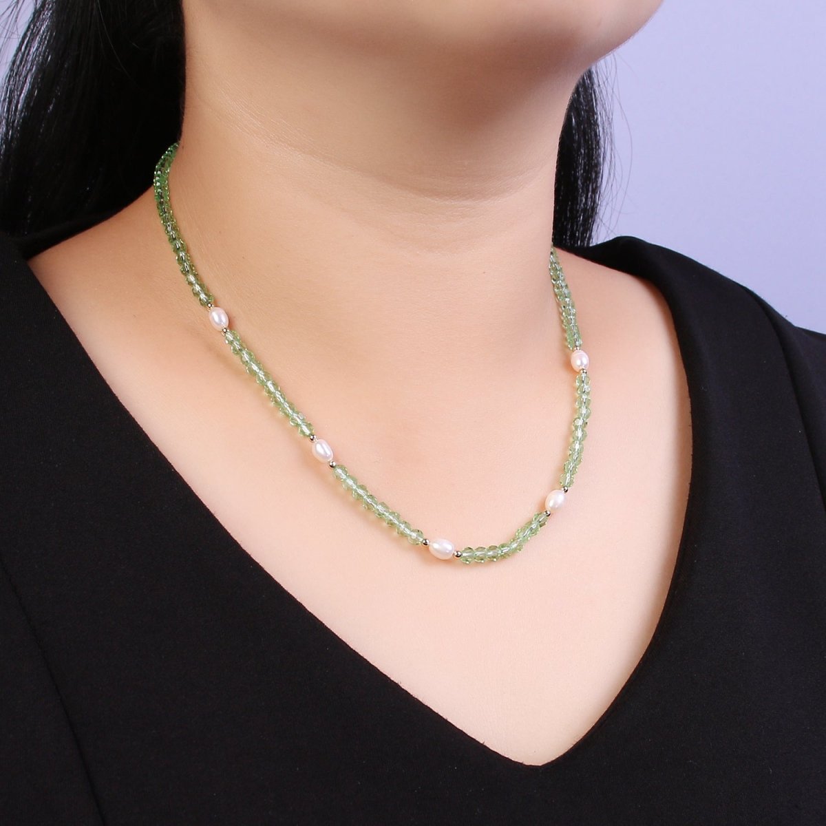 Pearl with Green Glass Beaded Necklace, Green Faceted Rondell Beads Necklace | WA-593 Clearance Pricing - DLUXCA