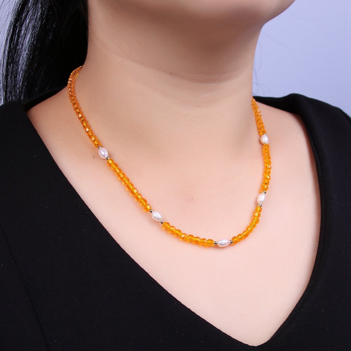 Pearl with Orange Glass Beaded Necklace, Orange Faceted Rondell Beads Necklace | WA-605 Clearance Pricing - DLUXCA