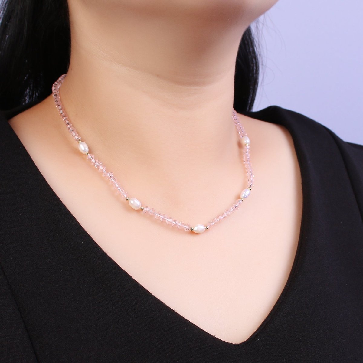 Pearl with Pink Glass Beaded Necklace, Rose Quartz Faceted Rondelle Beads Necklace | WA-586 Clearance Pricing - DLUXCA