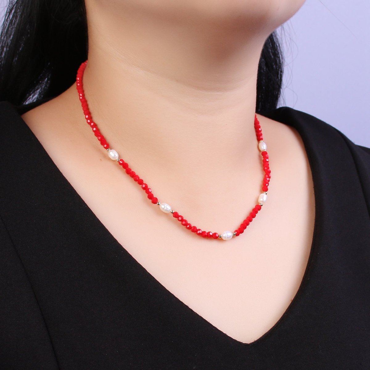 Pearl with Red Glass Beaded Necklace, Red Faceted Rondell Beads Necklace | WA-590 Clearance Pricing - DLUXCA