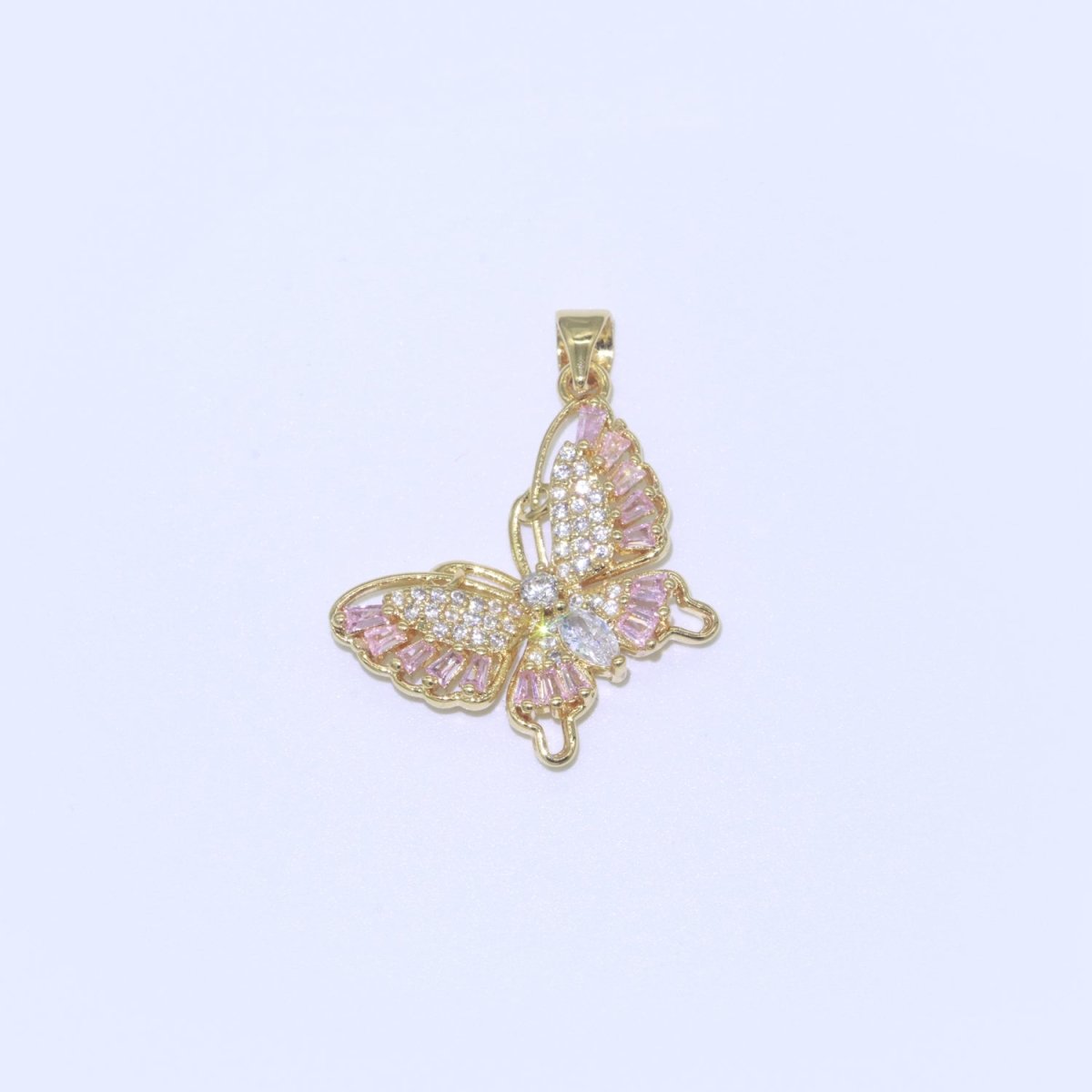 Pink 14k Gold Filled Micro Pave CZ Butterfly Pendant Charm Dangle Mariposa Monarch Animal Pendant Charm Baguette for Necklace J-904 - DLUXCA