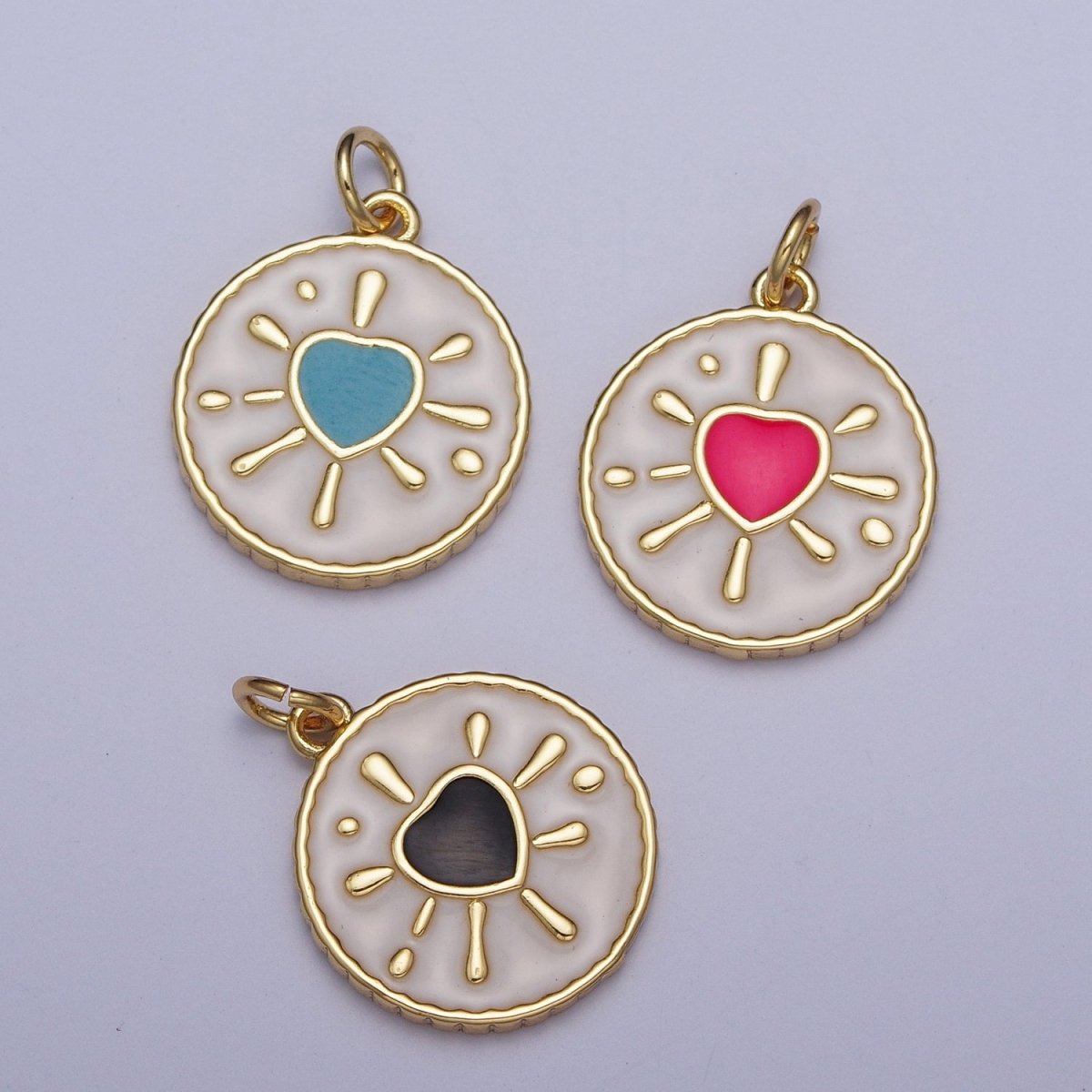 Pink, Black, Blue Splattered Heart White Enamel Gold Round Medallion Charm | AG-021 AG-022 AG-023 - DLUXCA