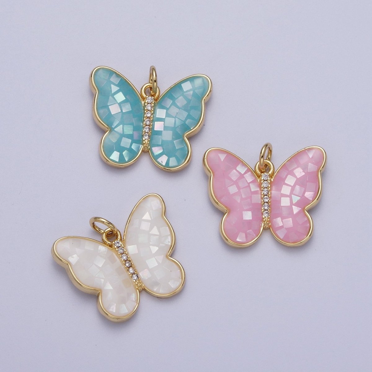 Pink, Blue, White Opal Micro Paved CZ Butterfly Mariposa Gold Charm | C-217 E-050 E-860 - DLUXCA