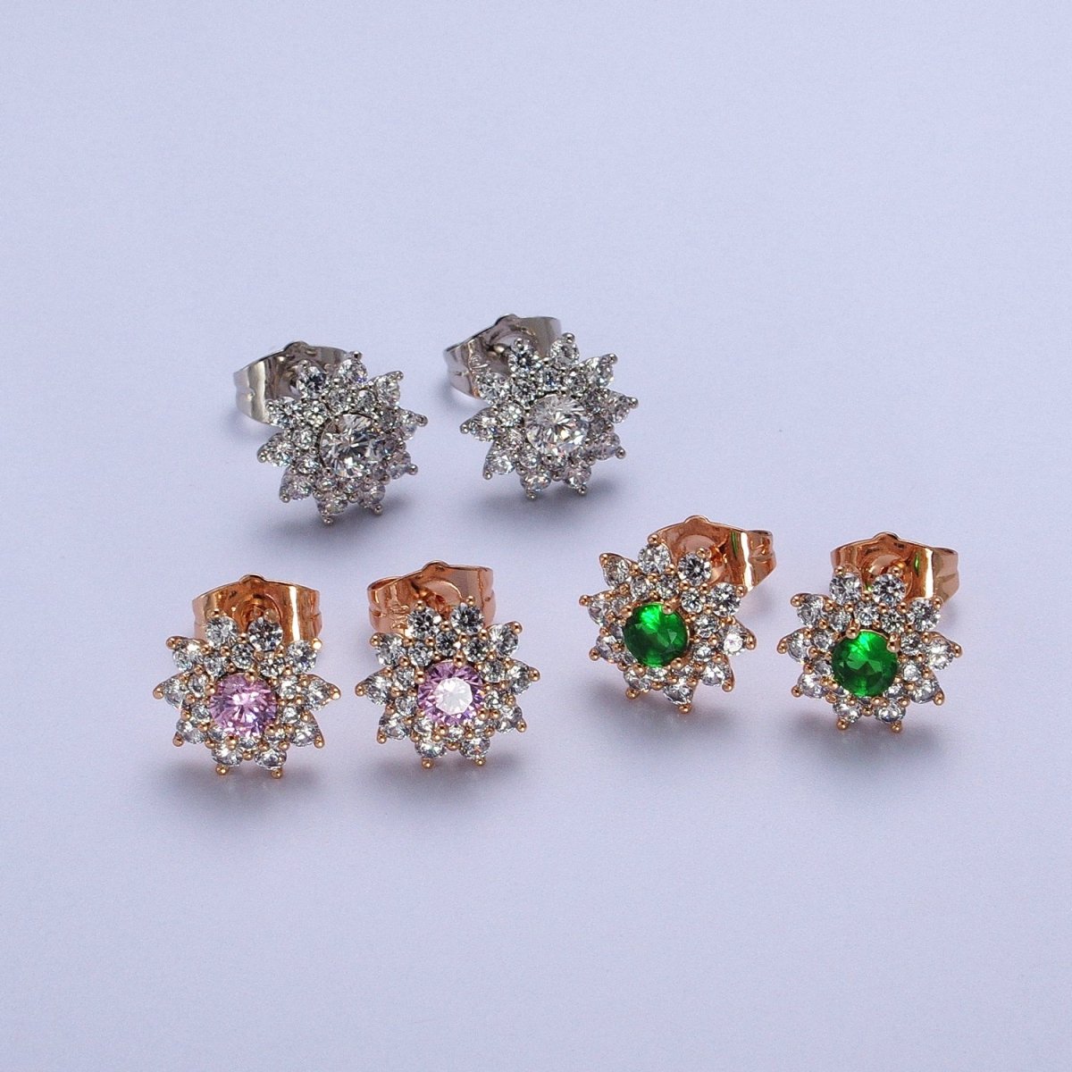 Pink, Clear, Green Celestial Star Flower CZ Stud Earrings | AB025 AB026 AB027 - DLUXCA