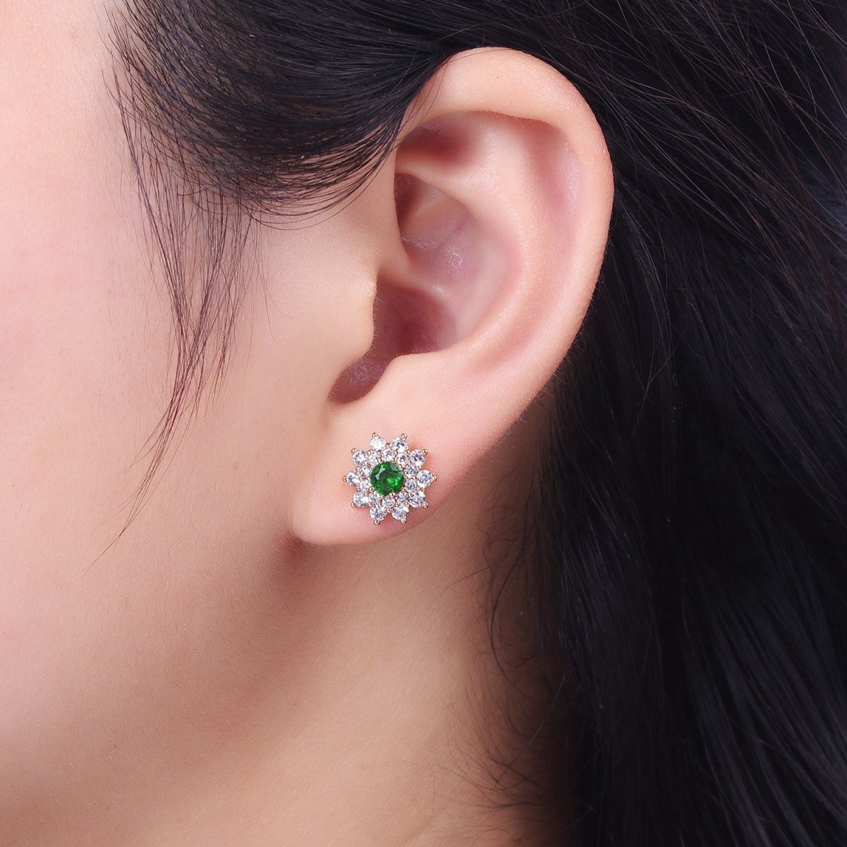 Pink, Clear, Green Celestial Star Flower CZ Stud Earrings | AB025 AB026 AB027 - DLUXCA