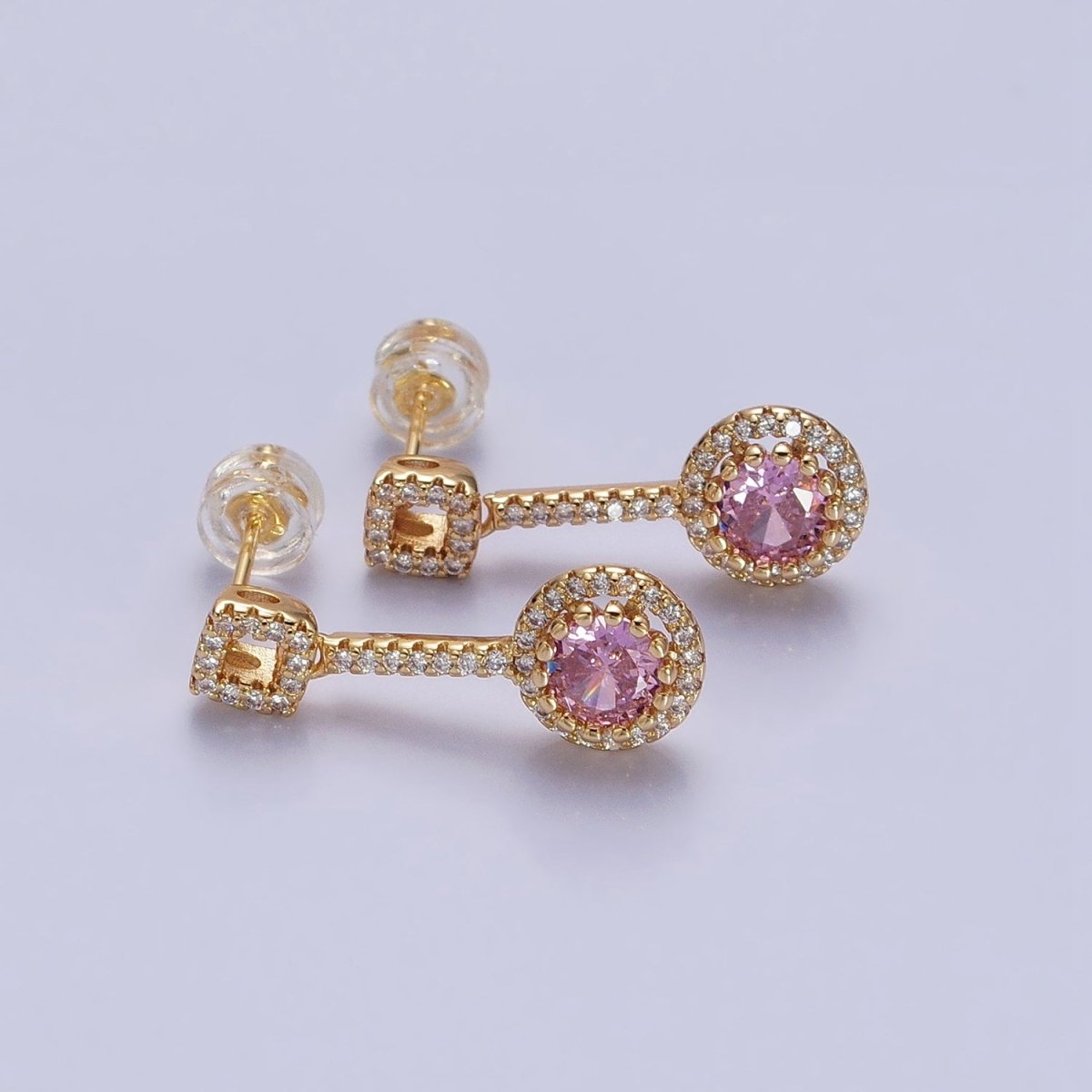 Pink, Clear, Green, Purple, Blue, Fuchsia Round Micro Paved CZ Linear Drop Stud Earrings in Gold & Silver | AB837 - AB848 - DLUXCA