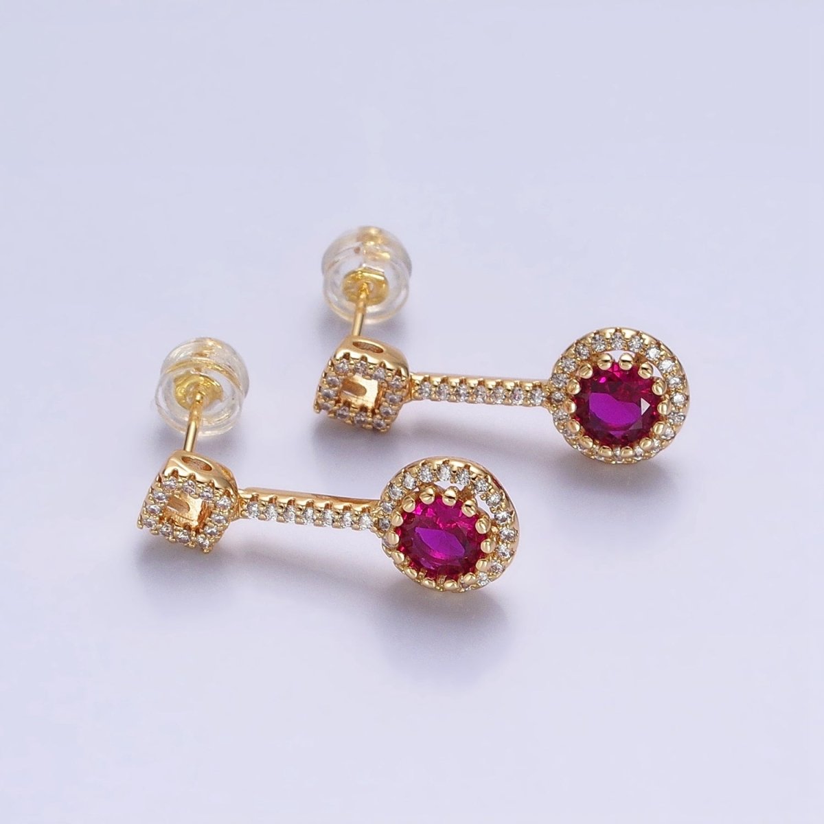 Pink, Clear, Green, Purple, Blue, Fuchsia Round Micro Paved CZ Linear Drop Stud Earrings in Gold & Silver | AB837 - AB848 - DLUXCA