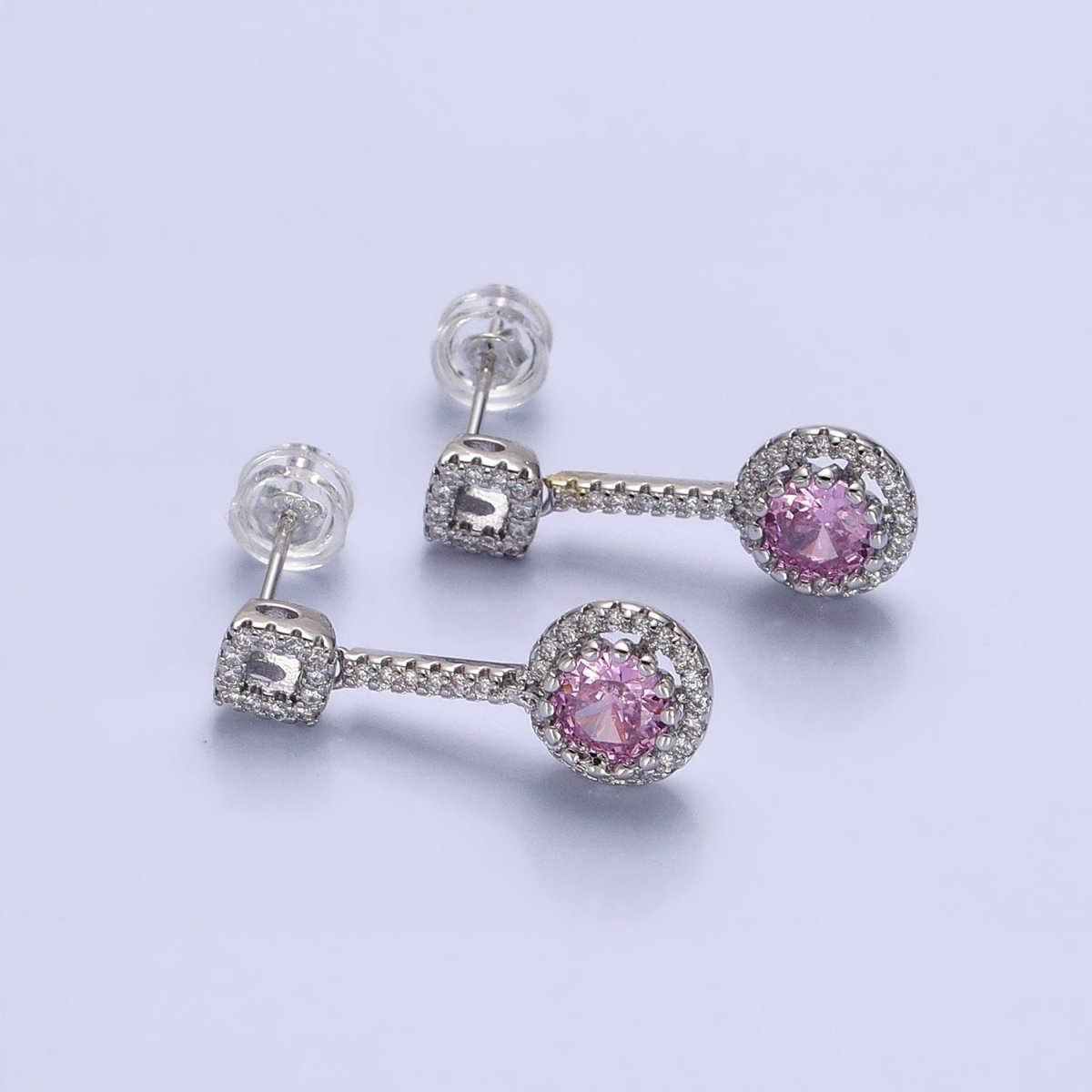 Pink, Clear, Green, Purple, Blue, Fuchsia Round Micro Paved CZ Linear Drop Stud Earrings in Gold & Silver | AB837 - AB848 - DLUXCA
