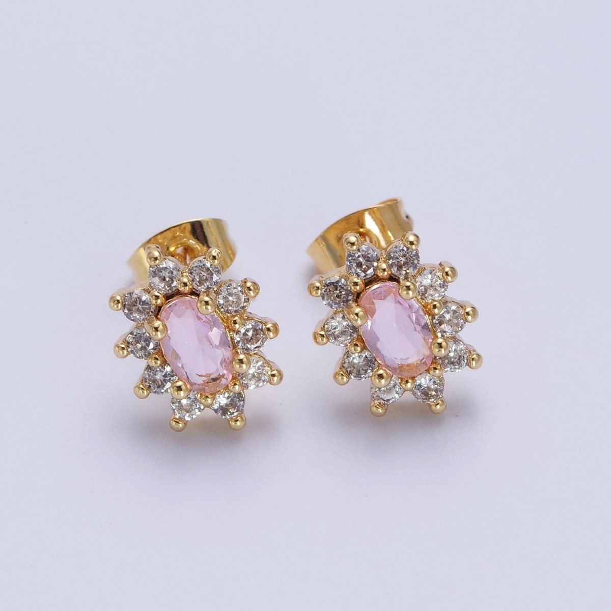 Pink & Clear Oval Cubic Zirconia Celestial Sun Burst Gold Stud Earrings | X-928 - DLUXCA