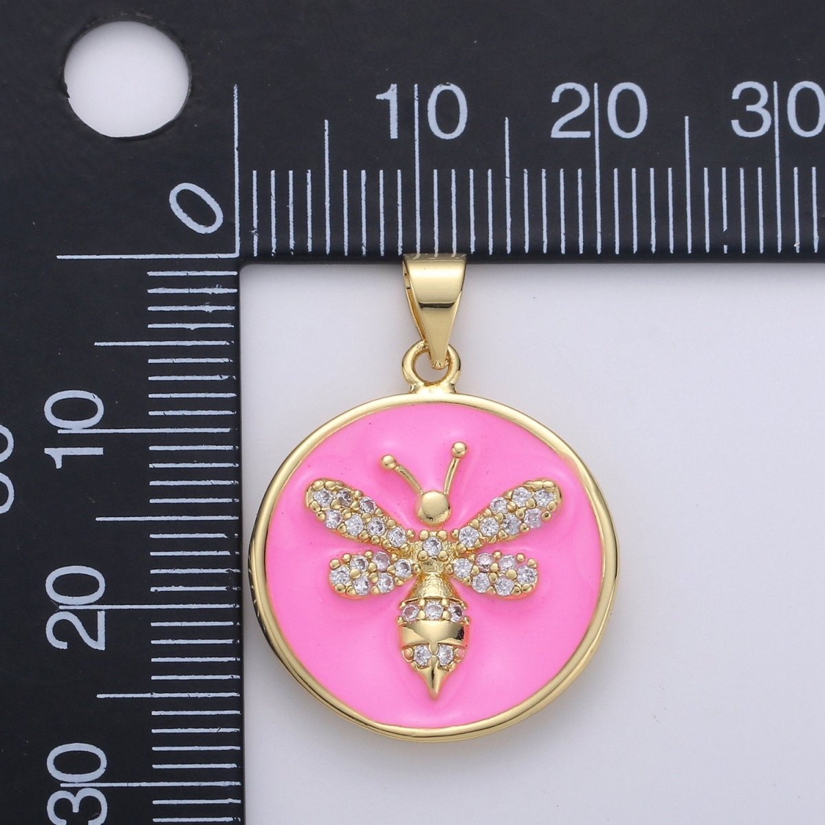 Pink Enamel Bee Charms, Blue Enamel Bee, Gold Cubic Bee charm in Round DIsc Charm Medallion for Necklace Pastel Bumbell bee charm I-848 - DLUXCA