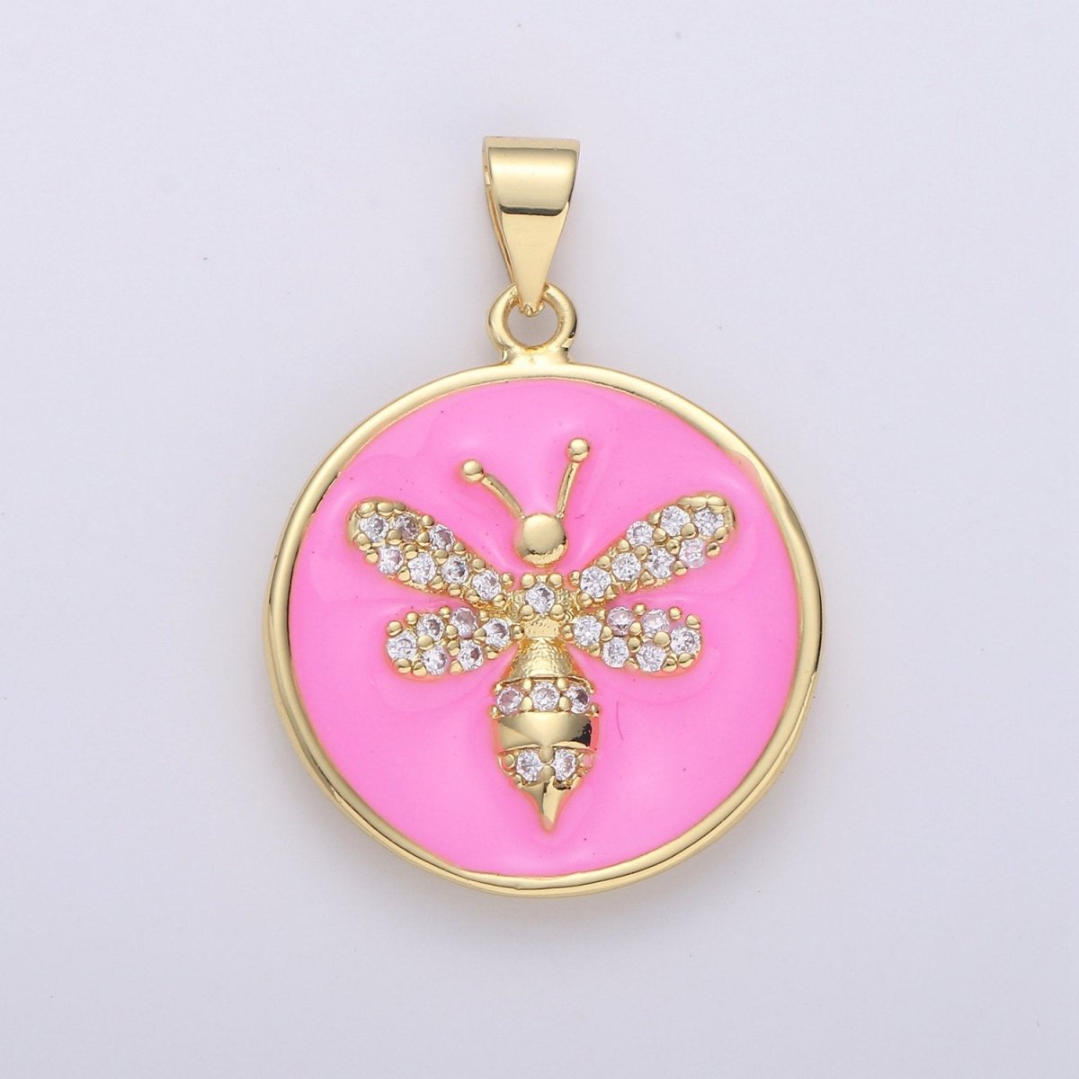 Pink Enamel Bee Charms, Blue Enamel Bee, Gold Cubic Bee charm in Round DIsc Charm Medallion for Necklace Pastel Bumbell bee charm I-848 - DLUXCA