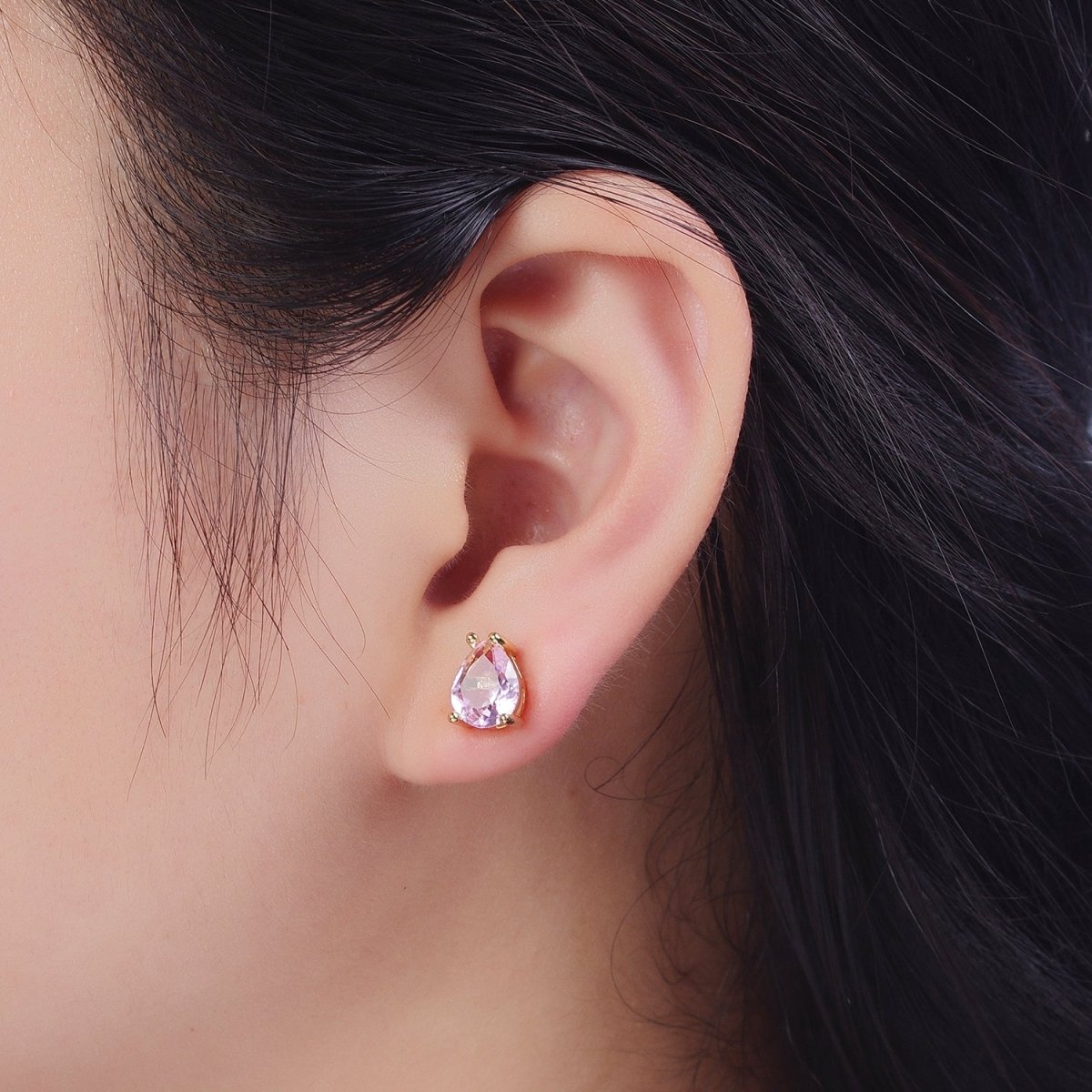 Pink / Fuchsia Teardrop Cubic Zirconia Gold Stud Earrings | X-924 X-25 - DLUXCA