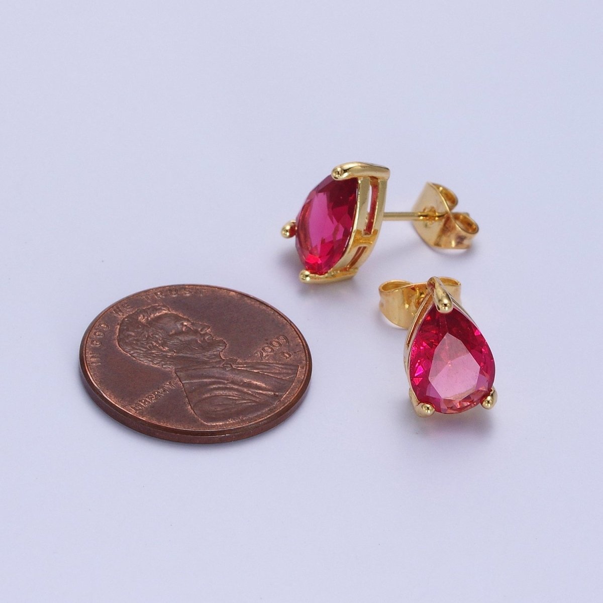 Pink / Fuchsia Teardrop Cubic Zirconia Gold Stud Earrings | X-924 X-25 - DLUXCA