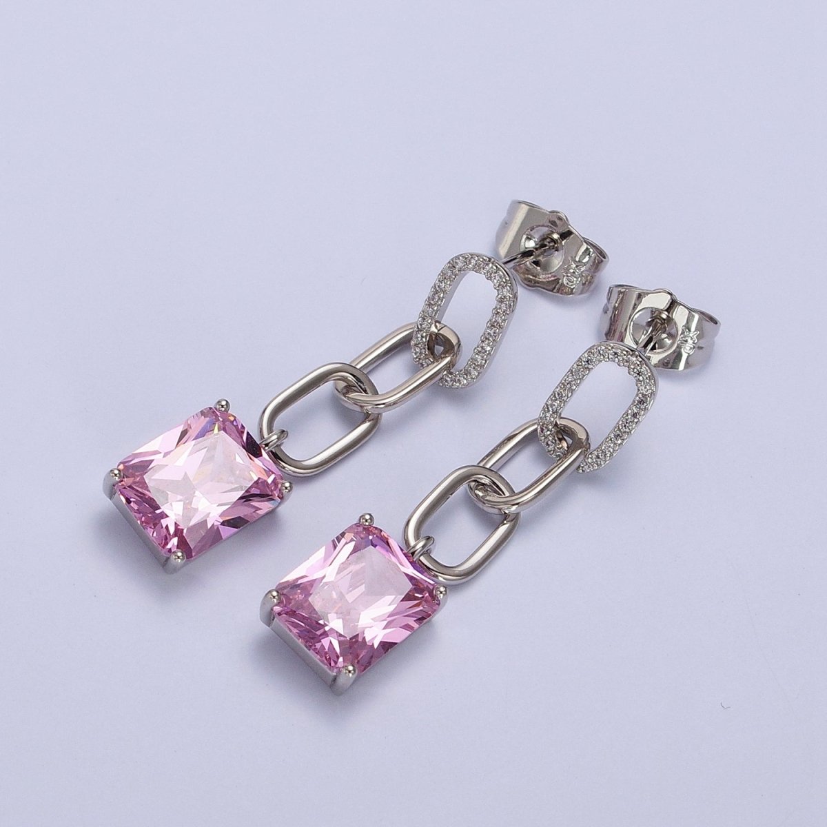 Pink, Green, Yellow, Clear Baguette CZ Paper Clip Drop Silver Stud Earrings | AB216 - AB219 - DLUXCA