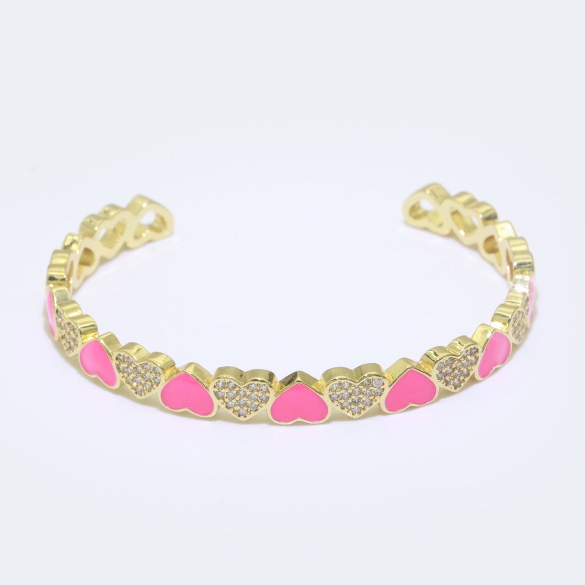 Pink Heart Enamel 14k Gold Filled Adjustable Bangle, Gold Cuff Bangle Bracelet Micro Pave Jewelry - DLUXCA