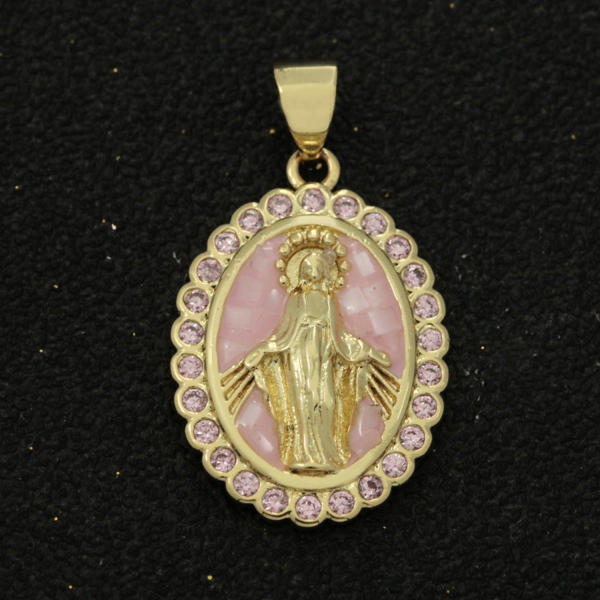 Pink miraculous Lady Charm for Necklace, Dainty Virgin Mary Pendant for Religious Jewelry Making Supply in Gold Filled N-1412 - DLUXCA