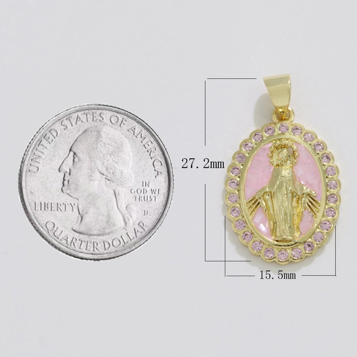 Pink miraculous Lady Charm for Necklace, Dainty Virgin Mary Pendant for Religious Jewelry Making Supply in Gold Filled N-1412 - DLUXCA