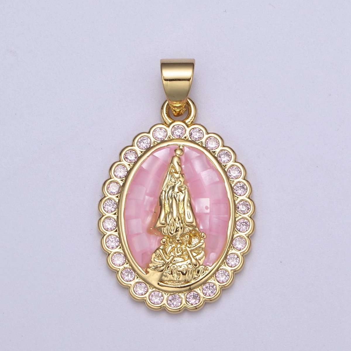 Pink Opal Miraculous Lady Charm for Necklace, Dainty Lady of Guadalupe Pendant for Religious Jewelry Making Supply in Gold Filled H-601 - DLUXCA