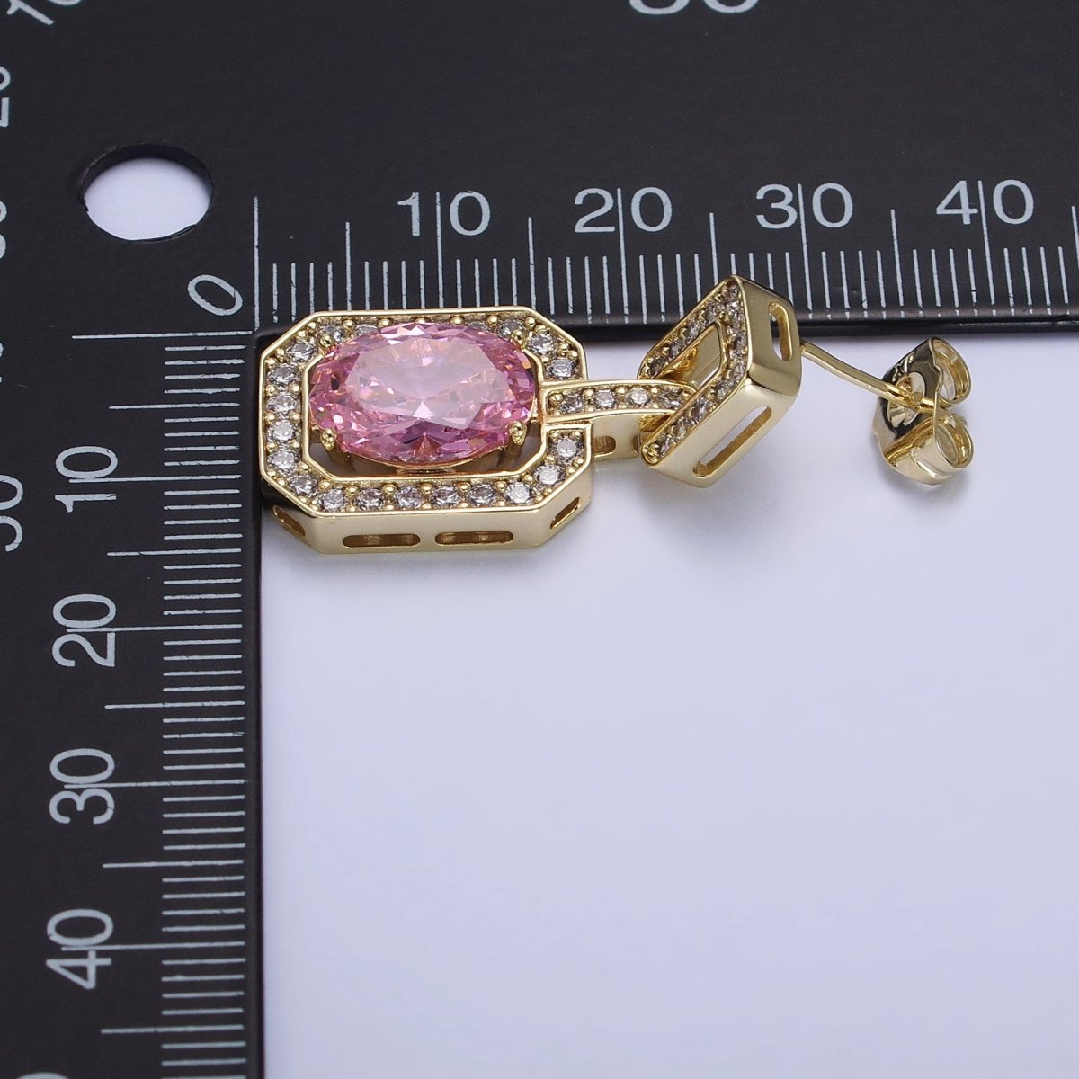 Pink Oval Hexagonal Clear Micro Paved CZ Stud Drop Dangle Gold Earrings | AB223 - DLUXCA