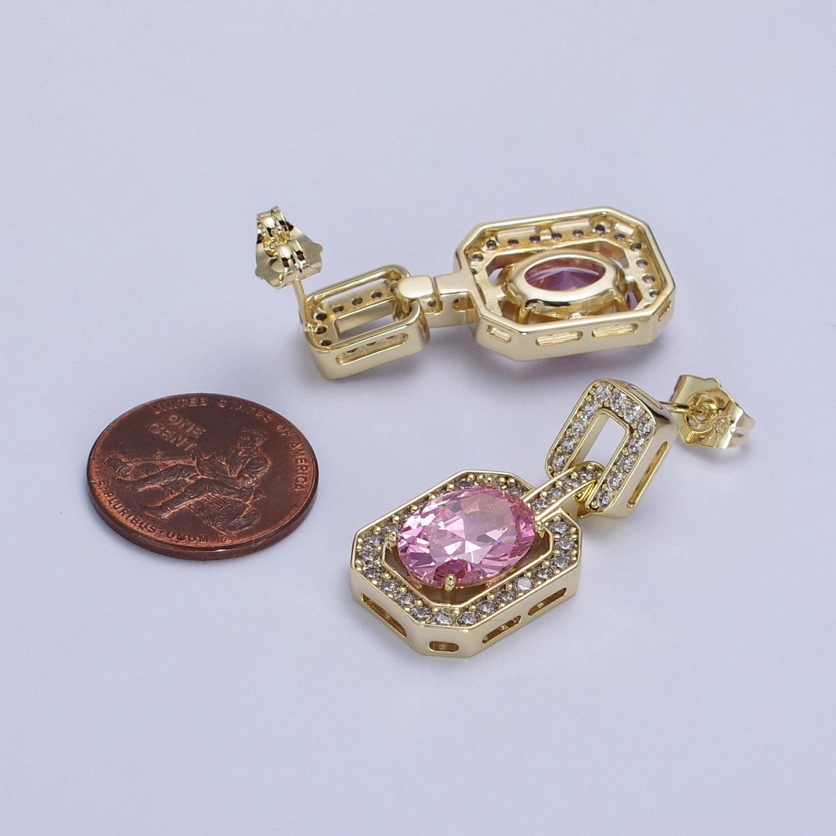 Pink Oval Hexagonal Clear Micro Paved CZ Stud Drop Dangle Gold Earrings | AB223 - DLUXCA