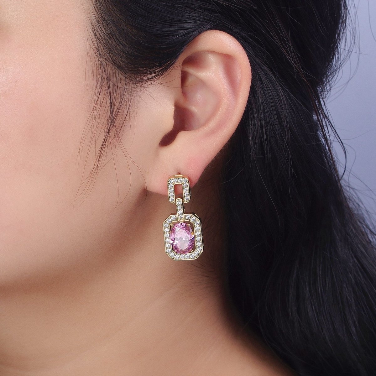 Pink Oval Hexagonal Clear Micro Paved CZ Stud Drop Dangle Gold Earrings | AB223 - DLUXCA