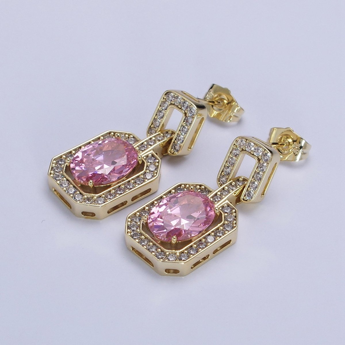 Pink Oval Hexagonal Clear Micro Paved CZ Stud Drop Dangle Gold Earrings | AB223 - DLUXCA