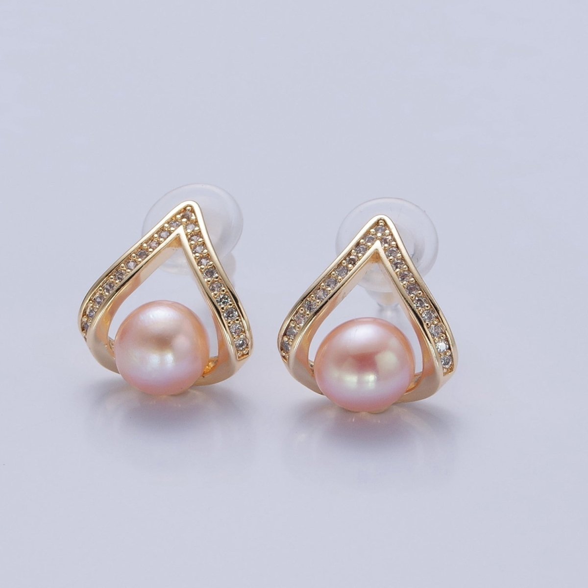 Pink Pearl Stud Earring with Gold Pave for Wedding Jewelry T-526 - DLUXCA