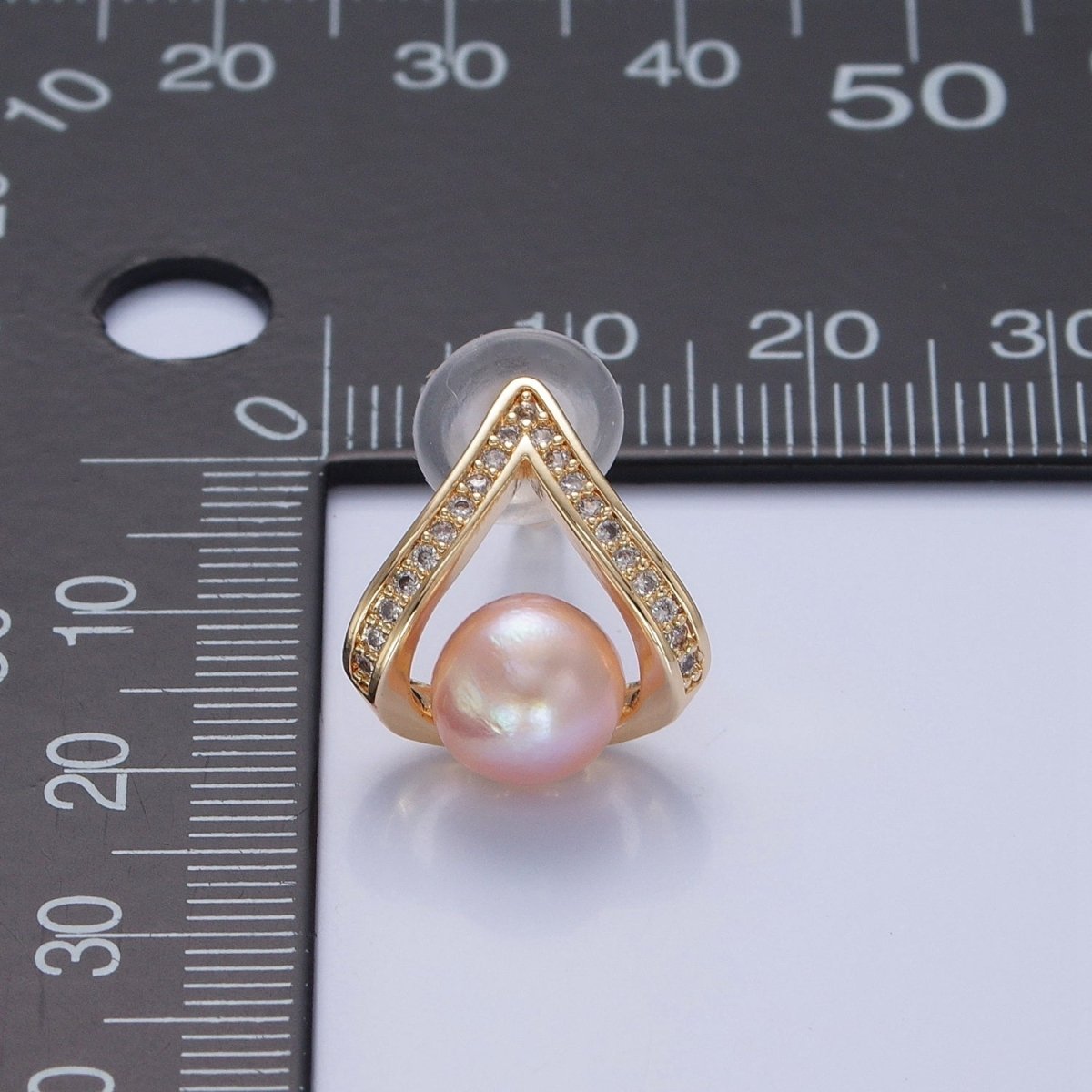 Pink Pearl Stud Earring with Gold Pave for Wedding Jewelry T-526 - DLUXCA