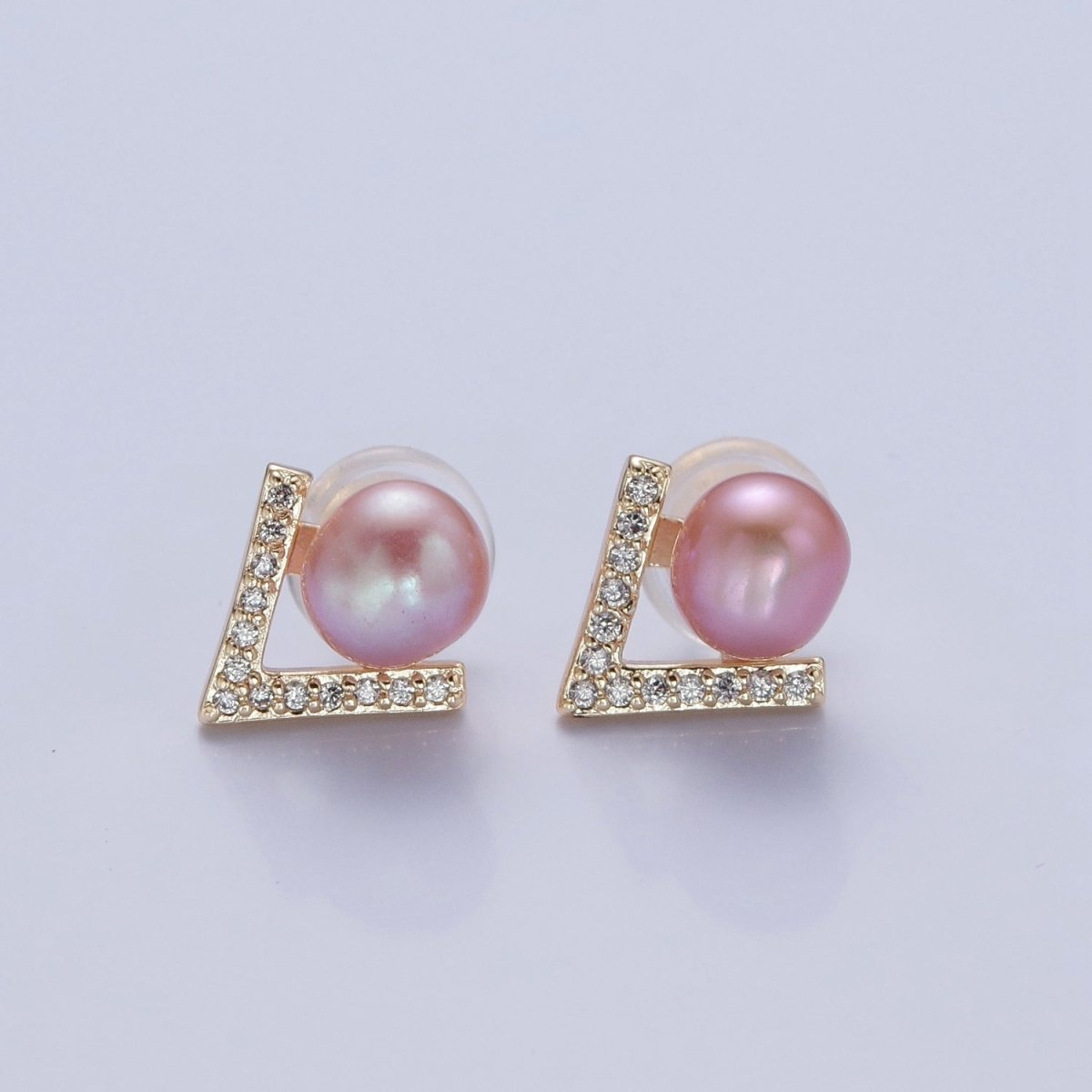 Pink Pearl Stud Earring with Gold Pave for Wedding Jewelry T-534 - DLUXCA