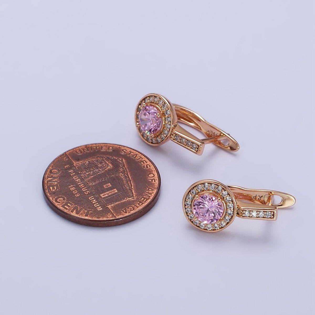 Pink Round Clear Micro Paved CZ Rosey Gold English Lock Earrings | AB419 - DLUXCA