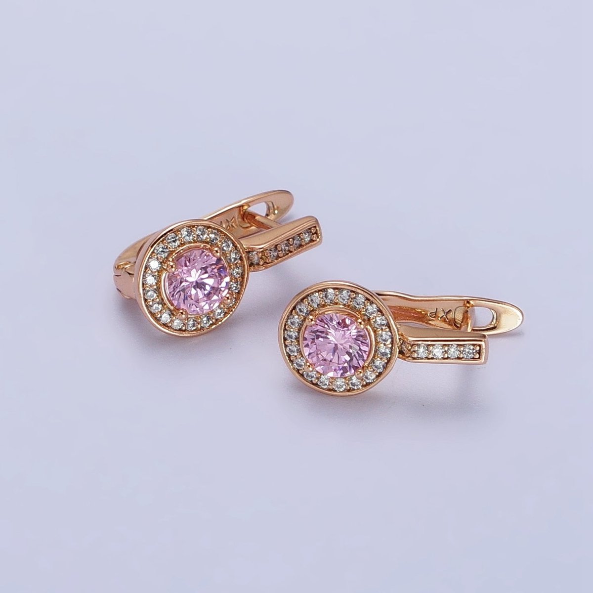Pink Round Clear Micro Paved CZ Rosey Gold English Lock Earrings | AB419 - DLUXCA
