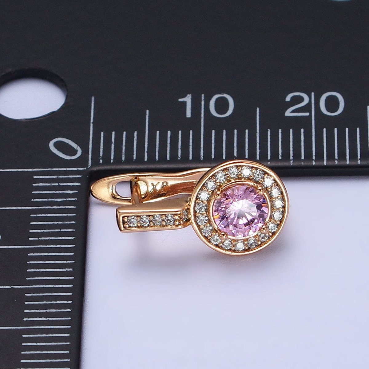 Pink Round Clear Micro Paved CZ Rosey Gold English Lock Earrings | AB419 - DLUXCA