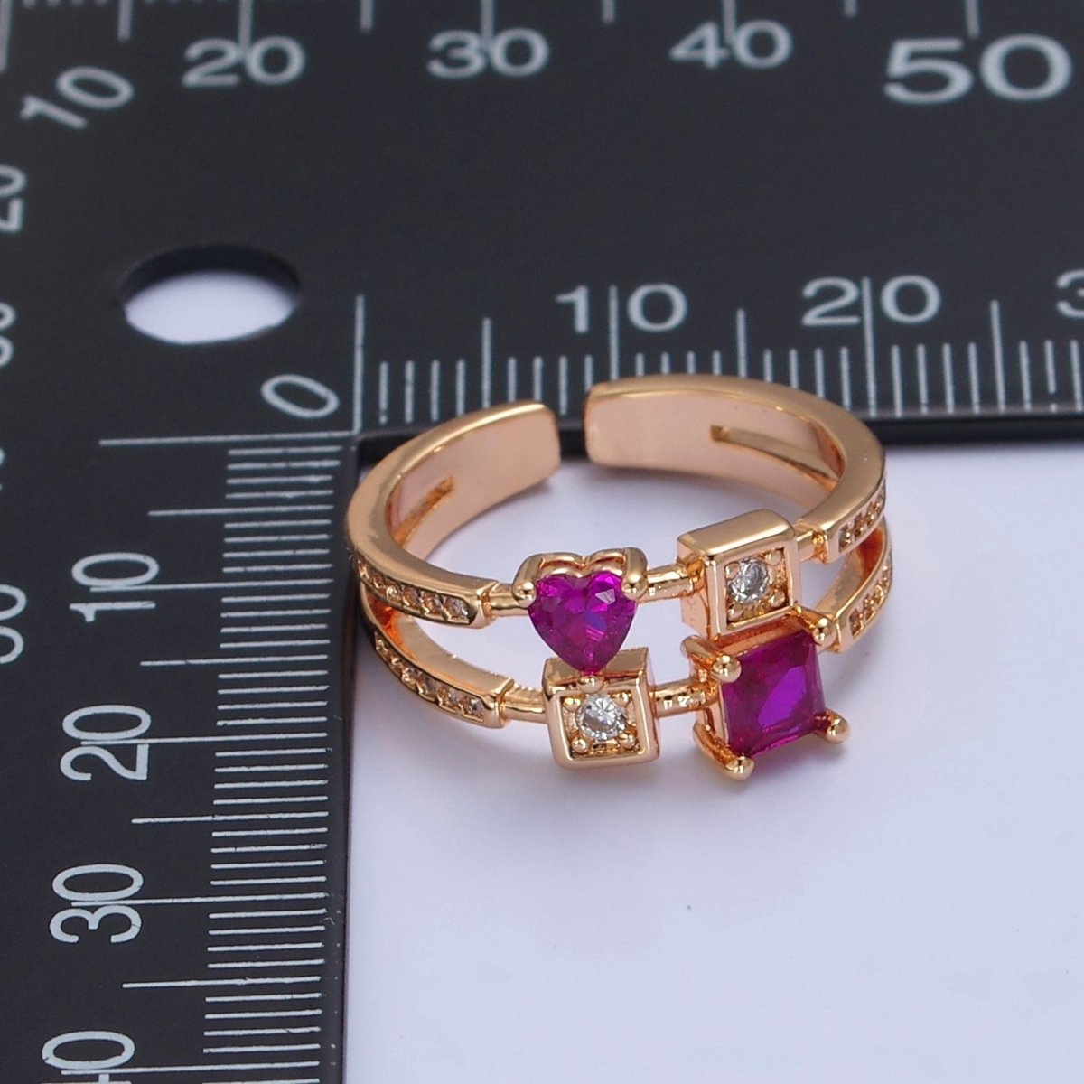 Pink Square Heart Ring Double Band Gold Band Ring O-2235 O-2236 - DLUXCA