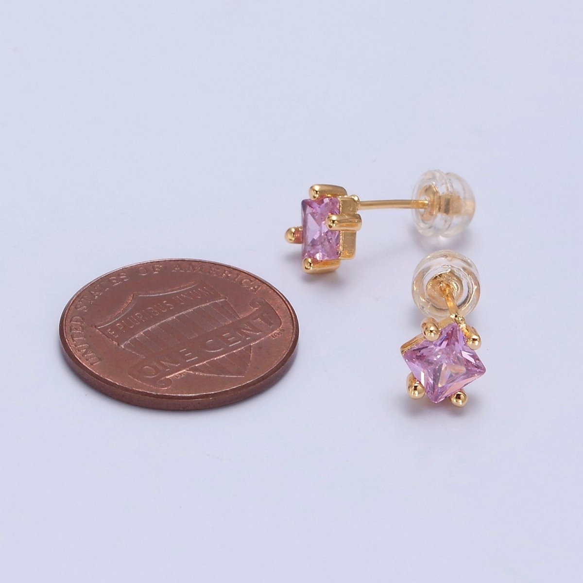 Pink Square Stud Earrings Princess Cut Cubic Zirconia Stones T-391 - DLUXCA