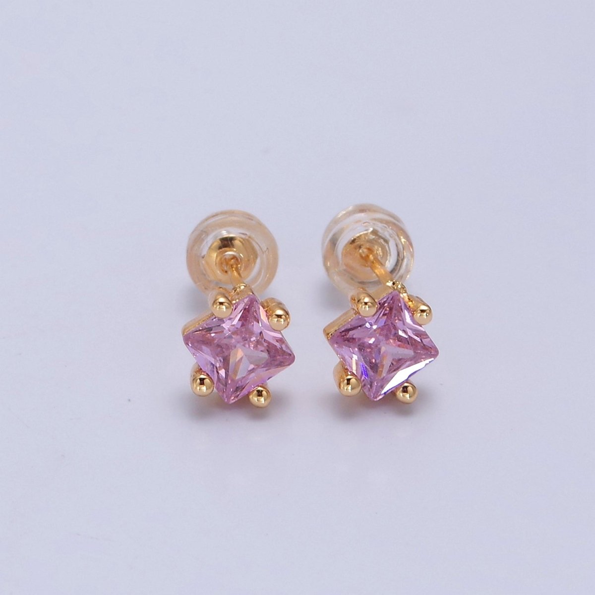 Pink Square Stud Earrings Princess Cut Cubic Zirconia Stones T-391 - DLUXCA