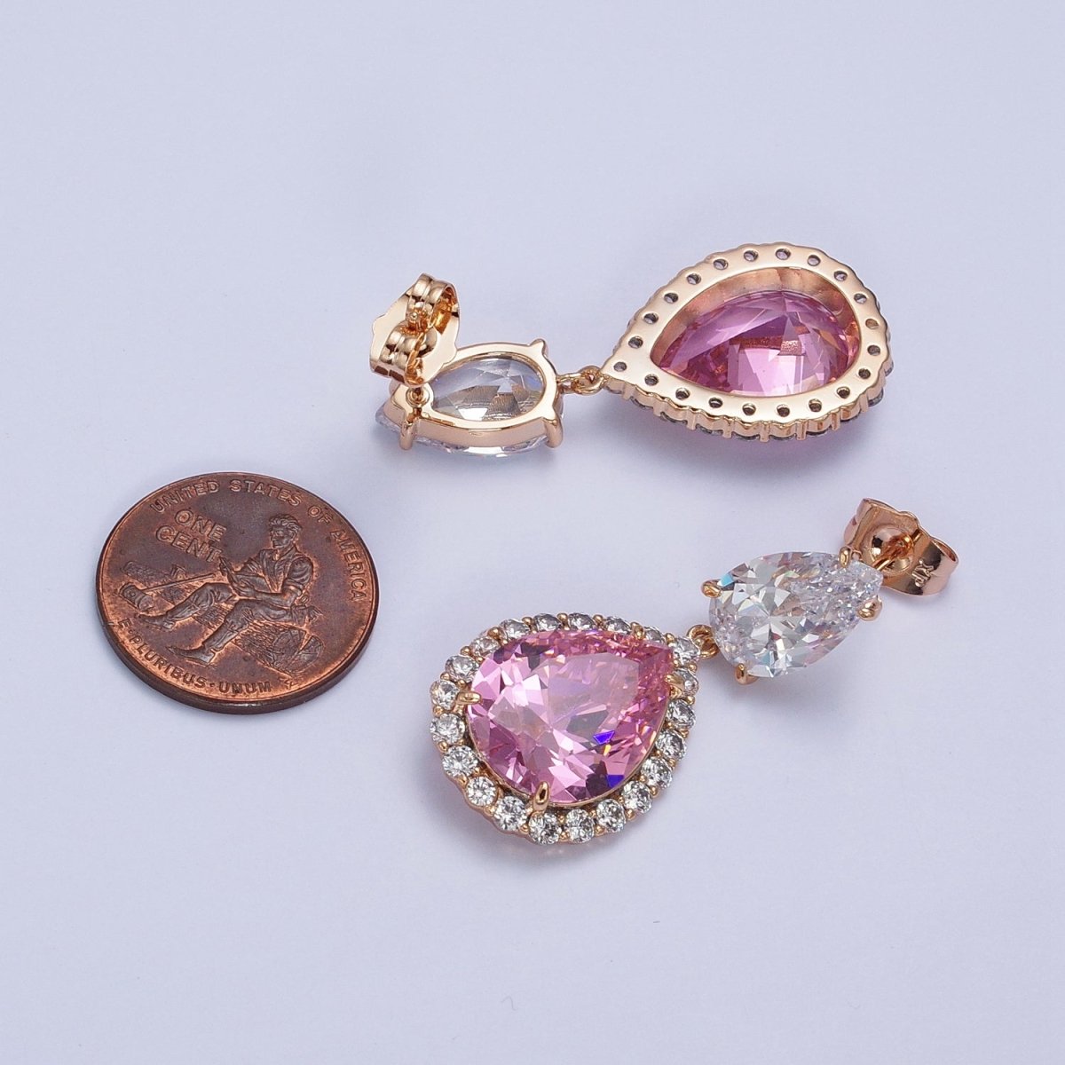 Pink Teardrop Dangle Micro Paved Clear CZ Stud Drop Dangle Gold Earrings | AB222 - DLUXCA