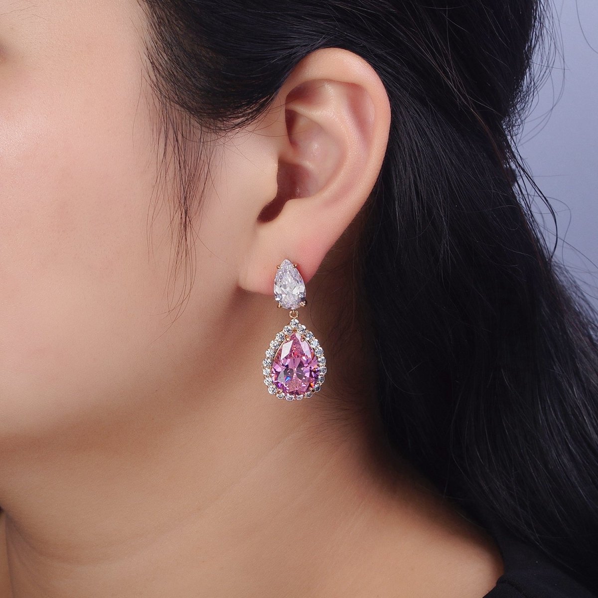 Pink Teardrop Dangle Micro Paved Clear CZ Stud Drop Dangle Gold Earrings | AB222 - DLUXCA