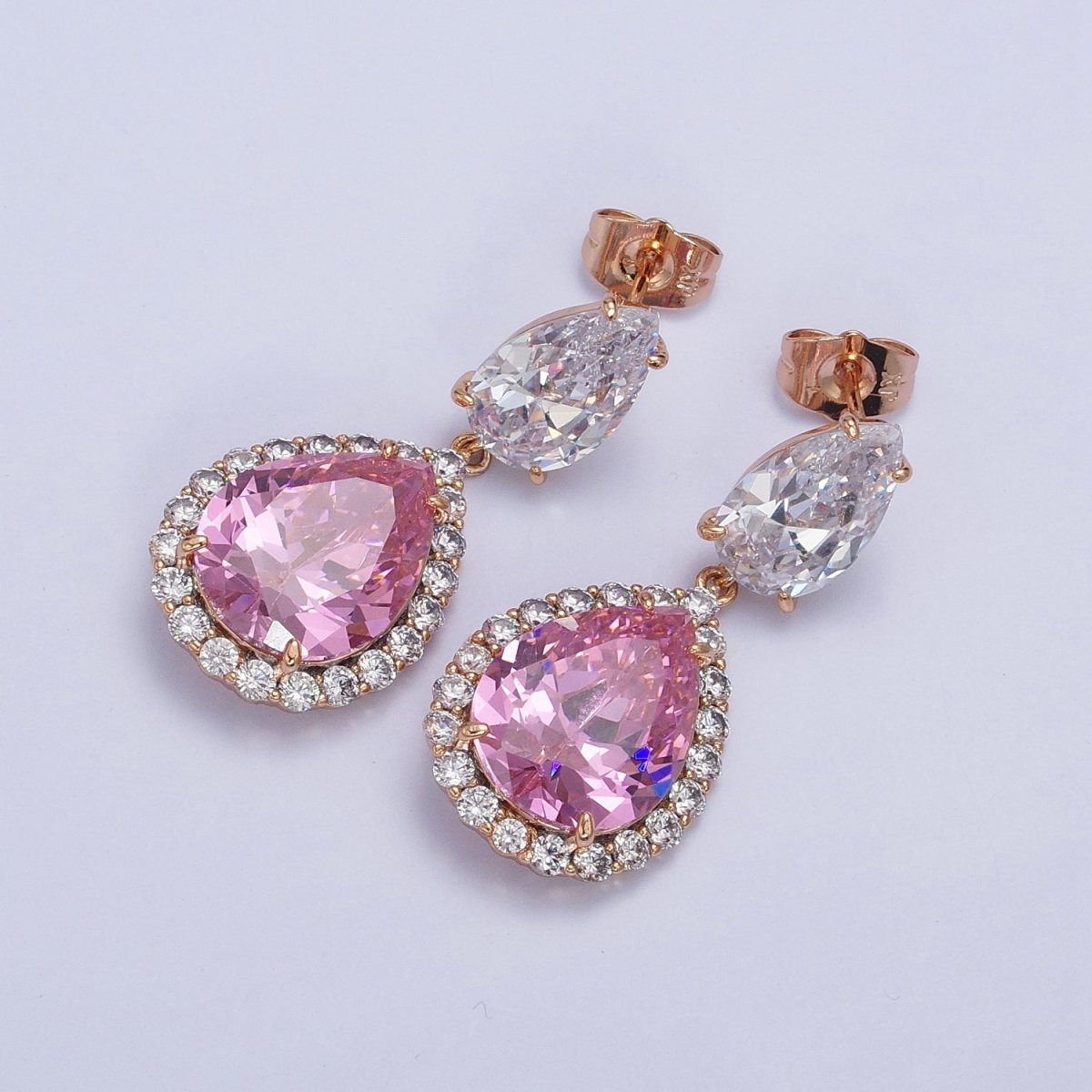 Pink Teardrop Dangle Micro Paved Clear CZ Stud Drop Dangle Gold Earrings | AB222 - DLUXCA