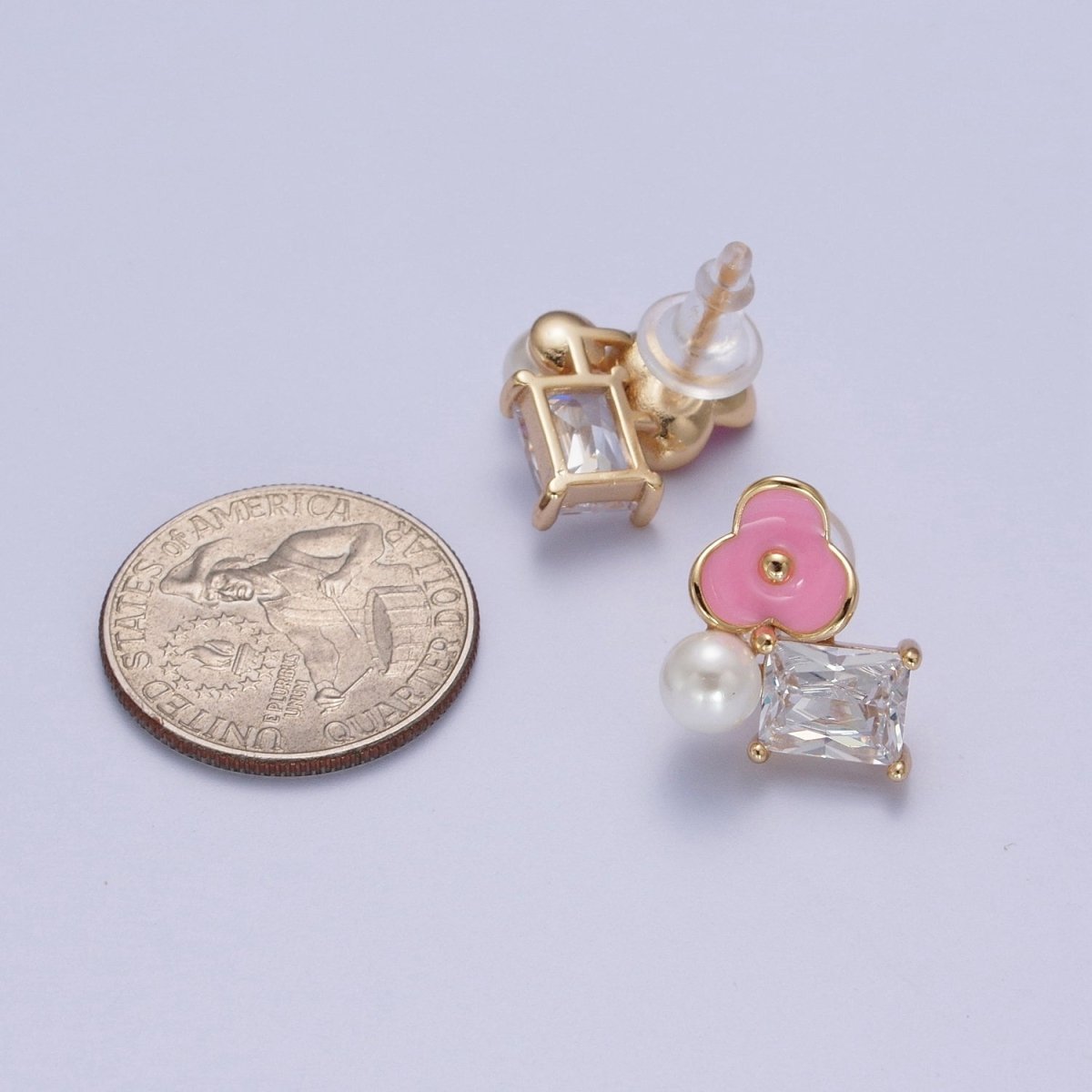 Pink, White Flower Pearl Clear CZ Baguette Stud Earrings Set | AE1027 AE1028 - DLUXCA