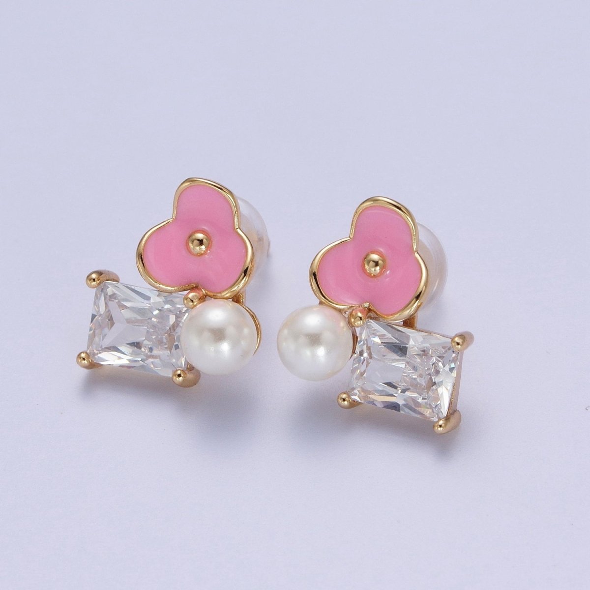 Pink, White Flower Pearl Clear CZ Baguette Stud Earrings Set | AE1027 AE1028 - DLUXCA