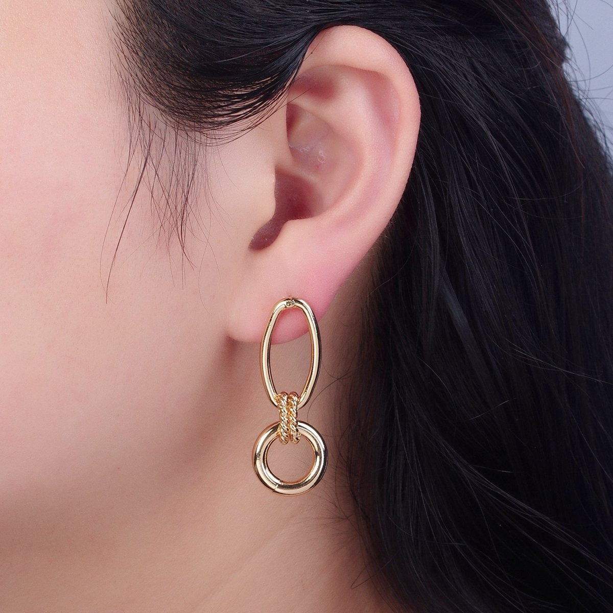 Post Earrings, Gold Hoop Earrings, Post with Hoop, Oval Stud Earring V-394 - DLUXCA